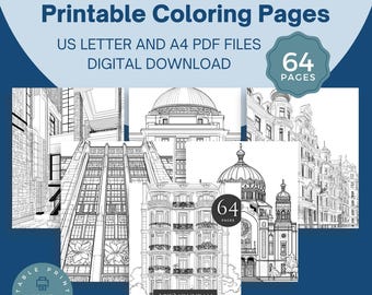 May include: Digital download of Art Nouveau Buildings printable coloring pages. The image shows several black and white architectural drawings, with text that reads "US Letter and A4 PDF Files Digital Download". Includes 64 pages.