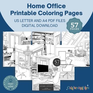 May include: A digital download featuring 57 printable home office coloring pages. The image includes various office scenes, such as desks, bookshelves, and computer setups, all in black and white line art. Text on the image reads "Home Office Printable Coloring Pages".