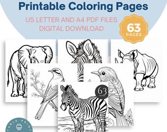 May include: A collection of printable coloring pages for kids featuring African animals. The pages include illustrations of an elephant, zebra, rhino, and birds. The text reads "African Animals For Kids Printable Coloring Pages" and "63 Pages".