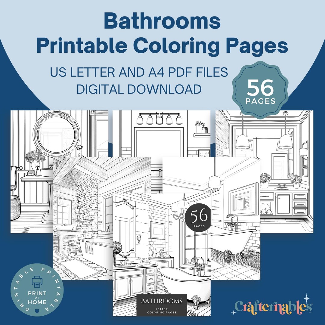 Bathroom Coloring Pages | Printable Modern & Vintage Interiors | A4 and ...