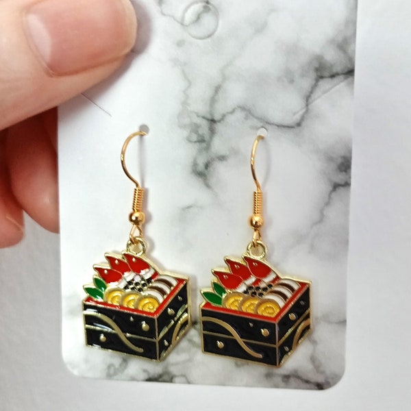 Large sushi box enamel earrings, kawaii jewellery, dangle earrings on gold wire make a great gift