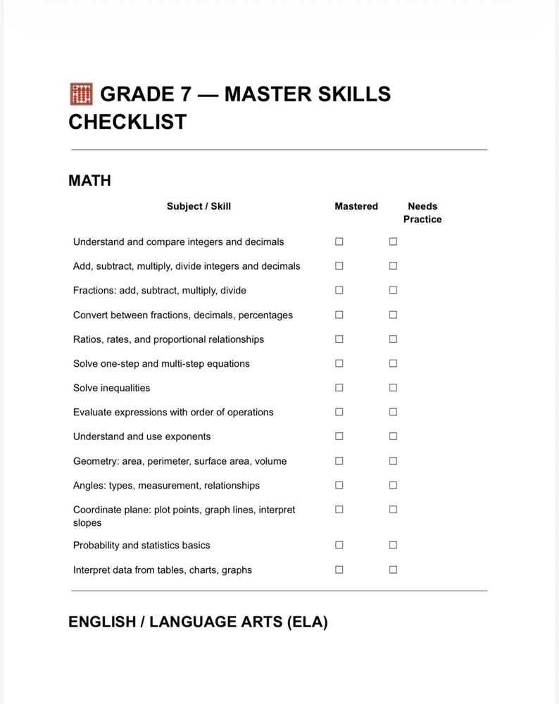 Complete 6th- 8th Grade Curriculum Checklist - All 8 Subjects ...