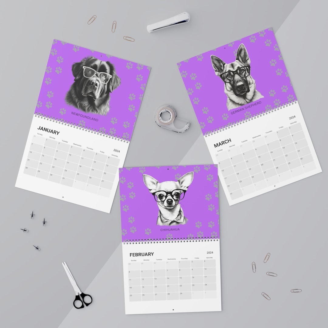 2024 Dogs Wall Calendar Planner Cute Dogs Wearing Glasses 2024 Etsy