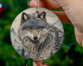 Majestic Wolf,Ceramic hanging Christmas tree Ornament,for the winter holiday season, fall, summer, spring.Cozy decor for home or a gift tag.