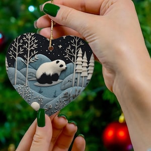 Panda Bear Winter, ceramic hanging Christmas tree Ornament,for the winter holiday season. Available in 4 shapes.Cozy decor for home or gift