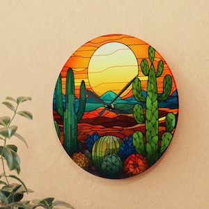 Sunset Desert Acrylic wall Clock,Tiffany Style Art Clock,southwestern design,mountain desert cactus gift,western home office decor cute gift