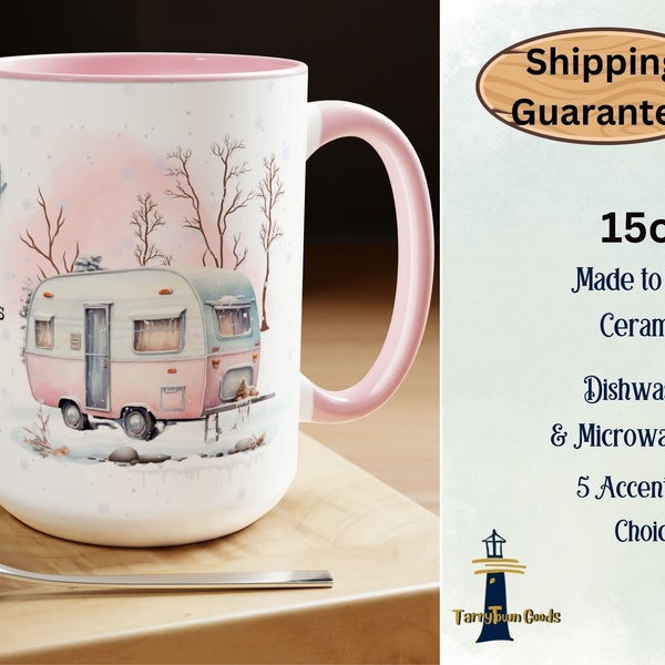 Cozy Camping Mug, Two-Tone Coffee Mugs, 15oz, Cute Winter Mug, Two-Tone Coffee Mugs, 15oz, pretty camper theme, retro pink cabin core decor