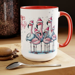 Adorable pink Flamingo with Santa hats Merry Christmas Mug, Two-Tone Coffee Mugs, 15oz, Holiday Coffee Mug,