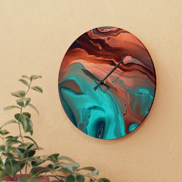 Southwestern Style, Abstract Acrylic Wall Clock, Turquoise and Copper colors, unique Original wall Clock, 10 inch, Western art Clock. Style.