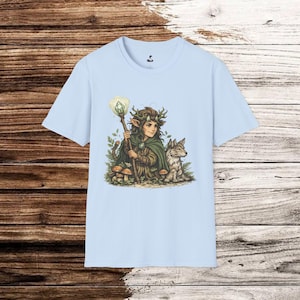 Druida del bosque con camiseta de lobo / Arte de mago de la naturaleza fantástica