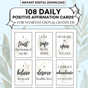 108 Cartões de Afirmação Positiva, Kit de Manifestação, Baralho de Afirmações Digitais, Autocuidado para Imprimir, Lei da Atração, Quadro de Visão para Imprimir