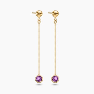 14K Yellow Gold Round Amethyst Drop Earrings, Trendy Drop Earrings For Women, Classic Gemstone Jewelry, Fancy Accessories For Women