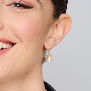 14K Yellow Gold Nest Gold and Pearl Dangle Earrings, Fine Gold Jewelry For Women, Vintage Earrings For Women,