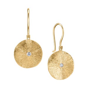 14K Yellow Gold Brushed Gold & Diamond Dangle Earrings - With 0.05 TCW, Classic Gemstone Jewelry, Fancy Accessories For Women