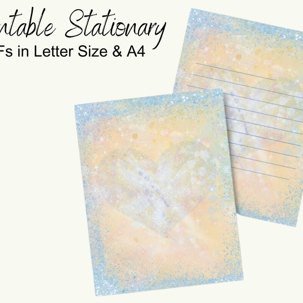 So Pretty Custom Stationary with Baby Blue Heart infused with yellow and golden tones. Digital upload for Printing. PDF format Letter and A4