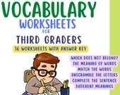 3rd Grade Vocabulary Learning Worksheets | Synonyms, Antonyms, Root Words, Unscramble Letters | Printable