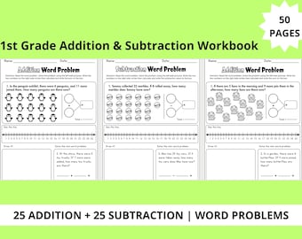 May include: Black and white printable workbook for first grade students. The workbook includes 25 addition and 25 subtraction word problems. The cover features a title that reads "1st Grade Addition & Subtraction Workbook" and a star with the text "50 PAGES".