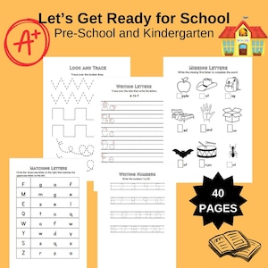 A worksheet with sections for tracing letters and numbers, matching uppercase and lowercase letters, and a "Look and Trace" section with dotted lines for shapes.