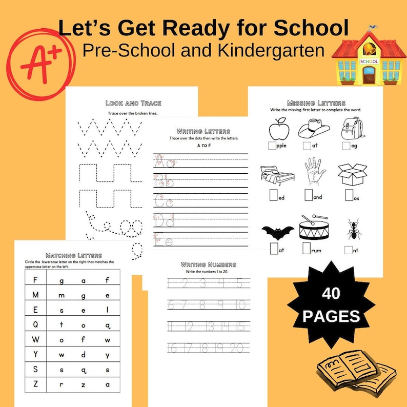 A worksheet with sections for tracing letters and numbers, matching uppercase and lowercase letters, and a "Look and Trace" section with dotted lines for shapes.