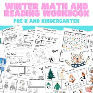 May include: A set of 116 printable worksheets for preschool and kindergarten students. The worksheets feature winter-themed activities, such as counting, coloring, and matching. The worksheets are black and white and have a simple design.