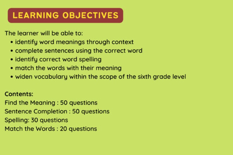 6th Grade Vocabulary Worksheets Printable - Etsy