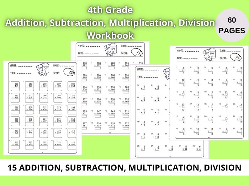 4th Grade Math Addition Subtraction Multiplication Division Worksheets ...