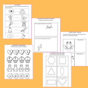 A worksheet with sections for coloring objects based on color names, identifying missing numbers, comparing heights, tracing lines, and identifying shapes.