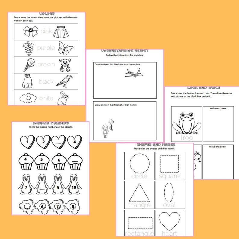 A worksheet with sections for coloring objects based on color names, identifying missing numbers, comparing heights, tracing lines, and identifying shapes.