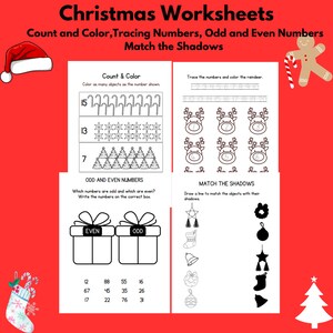 May include: Black and white printable Christmas worksheets for kids. The worksheets include activities like counting and coloring, tracing numbers, matching shadows, and identifying odd and even numbers.
