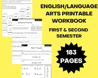 May include: A yellow and black printable workbook for 2nd grade English/Language Arts. The cover features a large black star with the text "183 PAGES" inside. The workbook is designed for the first and second term of the school year.