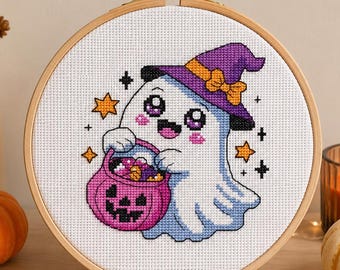 Halloween Kreuzstich Muster PDF, Geist Hexenhut Chart, Too Cute to Spook