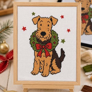 Patrón de punto de cruz de Airedale Terrier navideño en PDF, gráfico de punto de cruz de perro, regalos para amantes de los perros