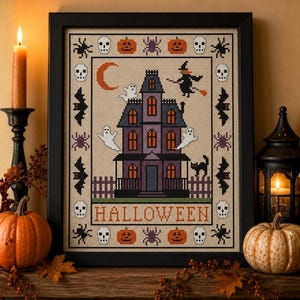 Wzór do haftu krzyżykowego na Halloween w formacie PDF, schemat nawiedzonego domu, dynia, duch, czarny kot w stylu prymitywnym w stylu gotyckim