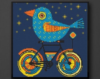 Bird on a Bike Cross Stitch Pattern, Instant Download, Beginner-Friendly Design, Modern Bird Cross Stitch Pattern