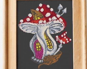 Mushroom House Cross Stitch Pattern - Fairy Tale Cross Stitch Design