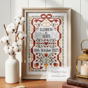 Wedding Cross Stitch Pattern PDF, Modern Personalized Marriage Sampler, Custom Names Date Chart