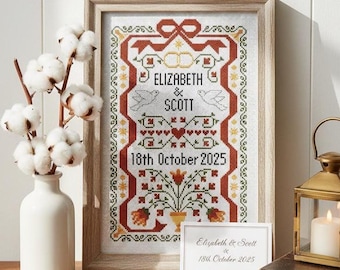 Wedding Cross Stitch Pattern PDF, Modern Personalized Marriage Sampler, Custom Names Date Chart