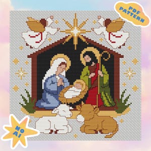 Nativity Cross Stitch Pattern PDF: Holy Family with Angels and Star of Bethlehem