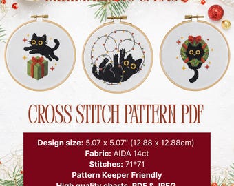 May include: Three cross-stitch patterns in wooden hoops featuring black cats with holiday themes. One cat is with a gift, another tangled in lights, and the last in a wreath. The text reads "MINIMALISTIC & EASY" and "CROSS STITCH PATTERN PDF".