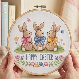 Easter Bunny Cross Stitch Pattern PDF Rabbit Trio Modern Spring Decor DIY Project