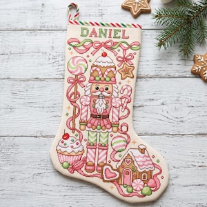 Christmas Stocking Cross Stitch Pattern PDF, Nutcracker Chart with Custom Name, Left and Right Facing Versions