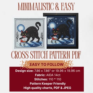 What's included in the Yule Cat digital pattern pack: guide, full chart, and DMC thread list for the massive black cat design.