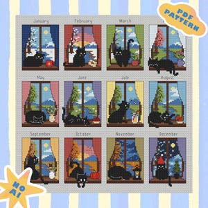 Black Cat Cross Stitch Pattern PDF, 12-Month Window Sampler, Stitch A Long