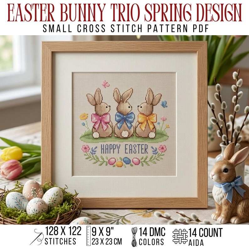 Easter Bunny Cross Stitch Pattern PDF Rabbit Trio Modern Spring Decor ...