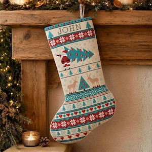 Cross Stitch Christmas Stocking Pattern PDF, Personalized Nordic Santa Counted Chart with Alphabet