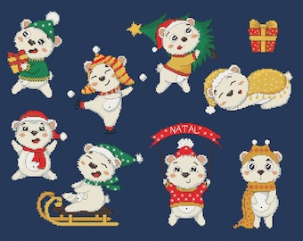 Christmas Polar Bears Cross Stitch Pattern, 8 Christmas Polar Bears