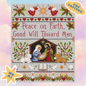 Schema per punto croce della Natività in PDF, ricamo natalizio "Pace sulla Terra" con la Sacra Famiglia