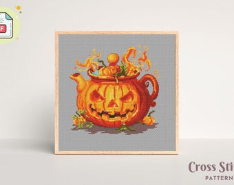 Halloween Tea Cross Stitch Pattern, Pumpkin Kettle, Halloween Magic, PDF Cross Stitch Pattern Halloween, Instant Download