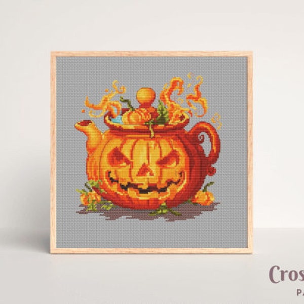 Halloween Tea Cross Stitch Pattern, Pumpkin Kettle, Halloween Magic, PDF Cross Stitch Pattern Halloween, Instant Download