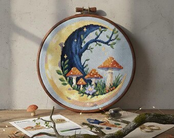 Mystic Toadstool Cross Stitch Pattern Celestial Mushroom Forest PDF Witchy Moon Dark Cottagecore Design